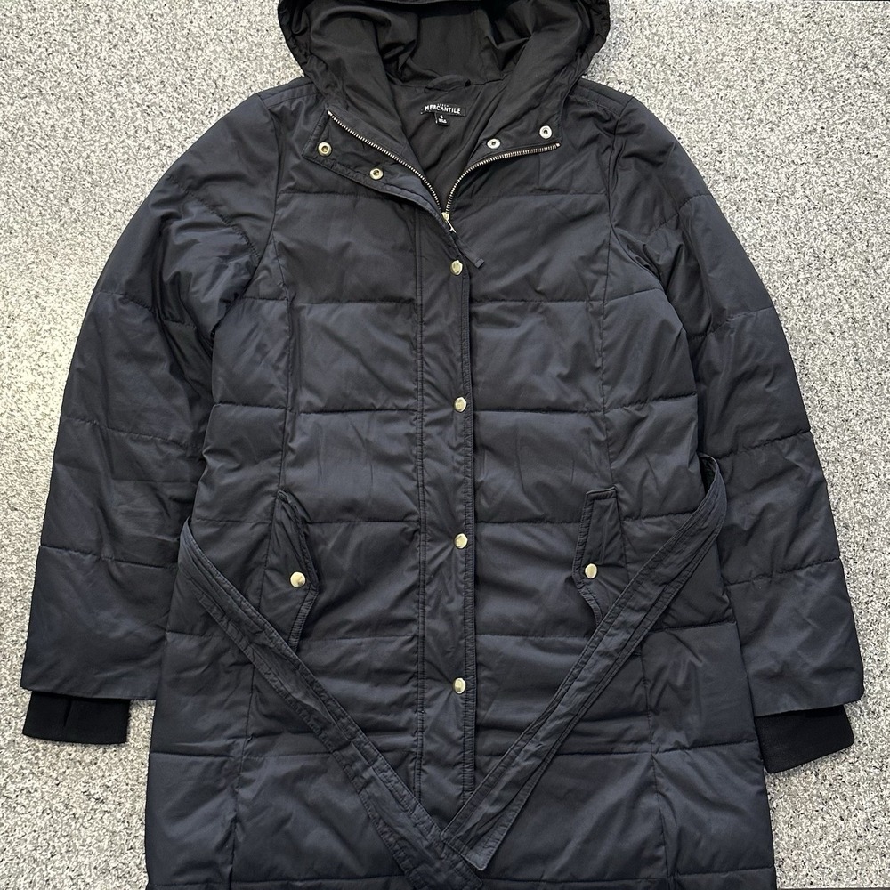 J Crew Mercantile Jacket Womens S Belted Quilted Long Puffer Coat Winter Black